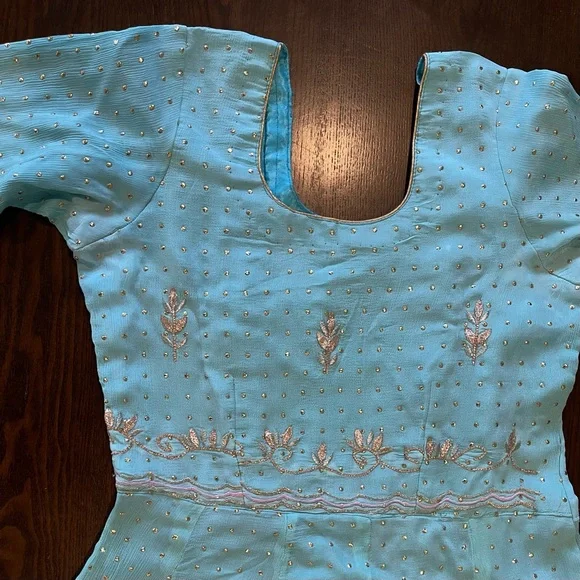 3pc Pink & Blue Indian Anarkali Suit With Salwaar - Picture 3 of 15